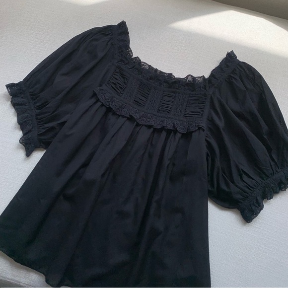 Doen Frances Cotton Voile Ruffle Lace Short Puff Sleeve Blouse Top Black - Picture 6 of 10